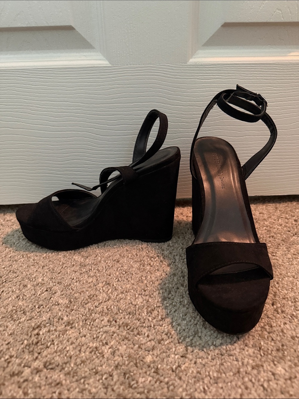 Wild Diva Black Suede Ankle Strap Wedge Heels